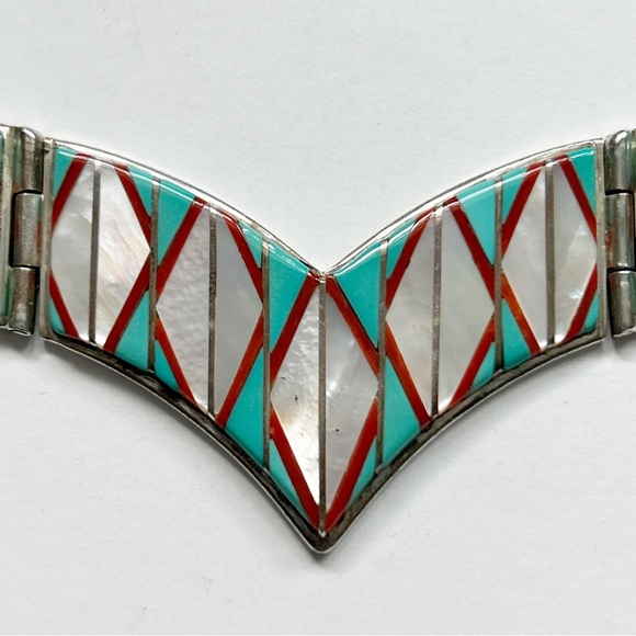 Vintage Signed Zuni Turquoise Mother Pearl Coral Inlay Sterling Silver Necklace - Picture 10 of 15